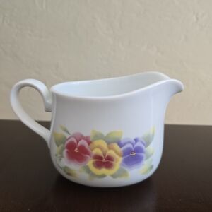 Corningware White Porcelain Gravey boat, red, yellow, purple flowers w/greenery.
